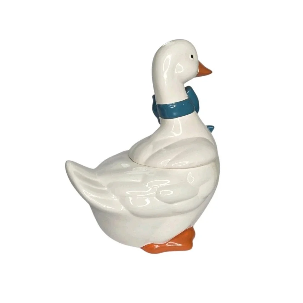 VTG Mother Goose Ceramic Cookie Jar Blue Ribbon Bow Orange Feet Cottagecore